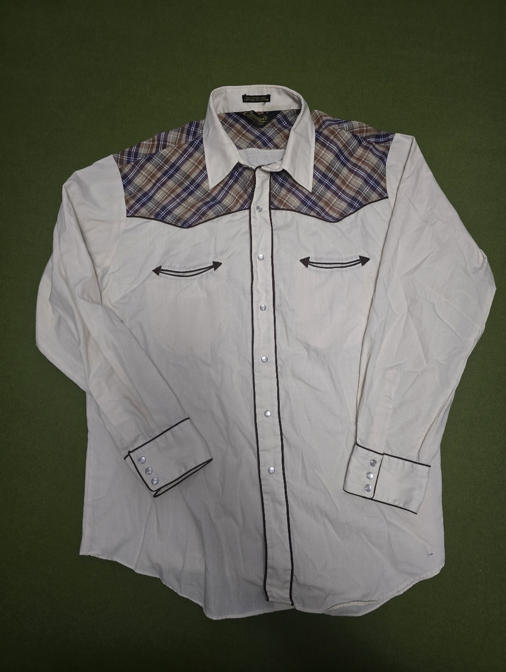 Chenault White Western Button-Down Shirt with Brown & Blue Plaid Yoke
